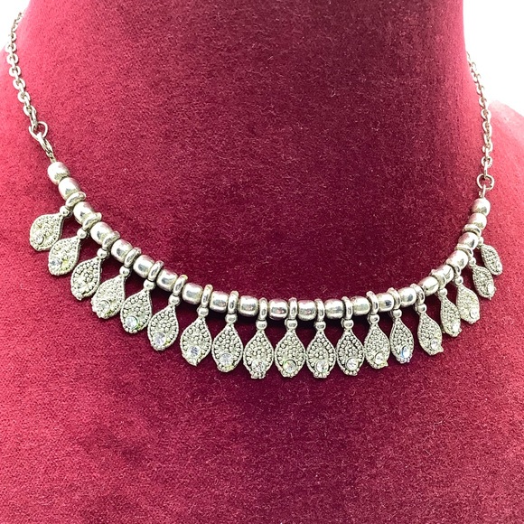 Silver Tone Fringe Necklace w / Clear Stones - Picture 2 of 2